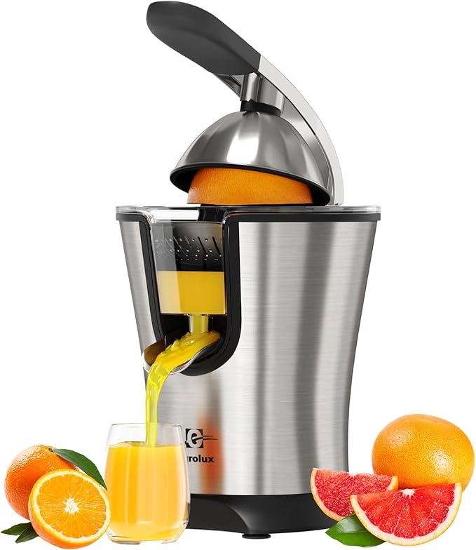 Eurolux Premium Electric Orange Juicer | Stainless Steel Citrus Squeezer With New Ultra-Powerful Motor and Soft Grip Handle for Effortless Juicing, Auto Shutoff, Dishwasher-safe Parts, Pulp Control