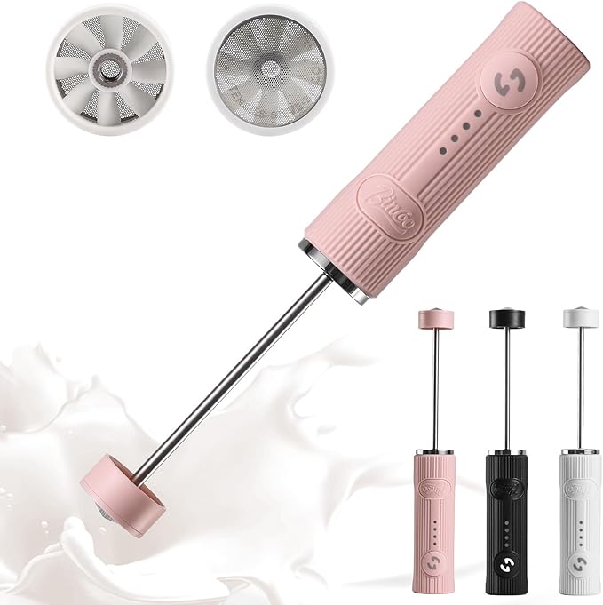 Bincoo Performance Milk Foamer - Dual Speed, Waterproof, Stainless Steel, Ultra Fast Handheld Drink Mixer - Create Barista Microfoam in 40 Seconds for Latte, Cappuccino & Coffee at Home (Pink)