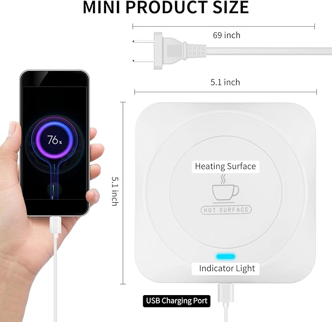 USB Coffee Mug Warmer: Candle Wax Warmer Smart Electric Cup Warmer Charge for Phone Home Desk Office Use Beverage Heating Plate with Gravity Switch for Hot Cocoa Milk Tea Water White