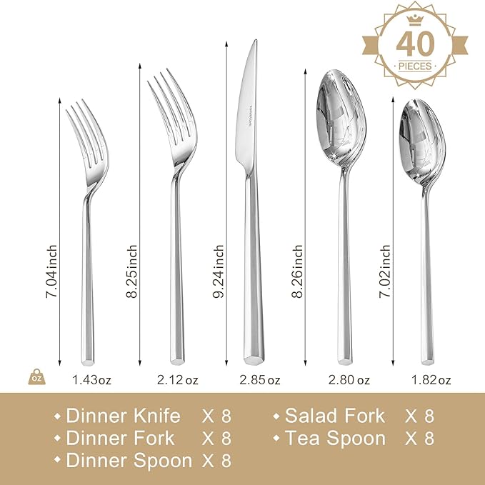 KINGSTONE 40-Piece Silverware Set, 18/10 Stainless Steel Flatware Cutlery Set with Hexagon Handle, for Hotel, Home, Party, Wedding Gift, Mirror Polish and Dishwasher Safe