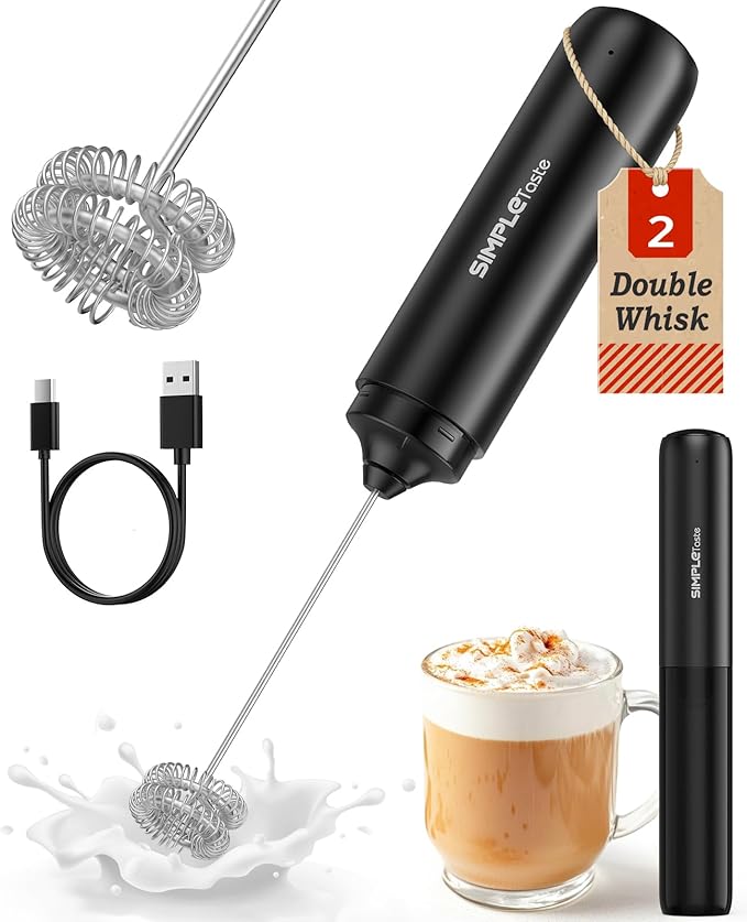 SIMPLETASTE Milk Frother Handheld Electric Foam Maker, Drink Mixer with Stainless Steel Whisk for Cappuccino, Bulletproof Coffee, Latte, Black, without Stand, USB-C Rechargeable