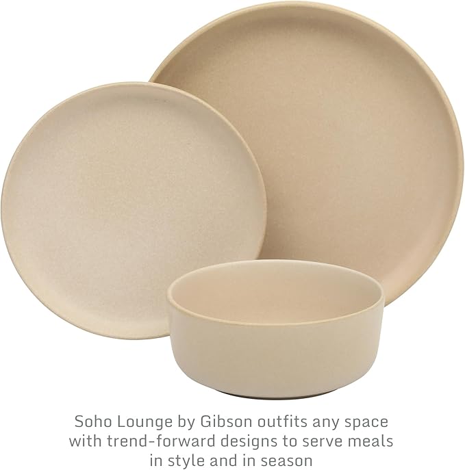 Gibson Elite Pasco 12 Piece (Service for 4) Plates and Bowls Reactive Glaze Dishes Stoneware Ceramic Dinnerware Set - Taupe