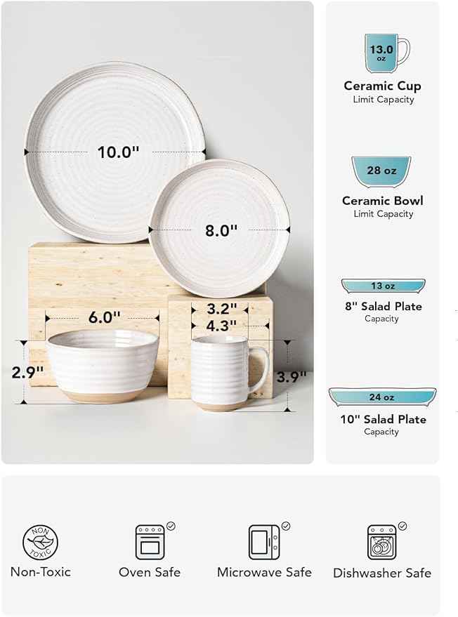 LE TAUCI Dinnerware Sets 16 PCS, Stoneware Plates and Bowls Set, House Warming Wedding Present, Serve for 4 (10" Dinner Plates + 8" Salad Dish + 28 oz Cereal Bowl+12oz coffee mugs) x 4, Arctic White