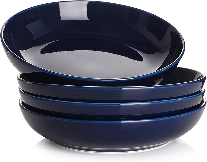 Y YHY 8.5" Vivid Blue Pasta, Salad & Soup Serving Bowls Set of 4, 32oz Large Ceramic, Microwave, Oven & Dishwasher Safe, Sturdy Porcelain Perfect for Daily Dining, Family Gatherings, Parties