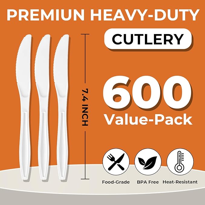 600Pack Disposable Plastic Knives Bulk White Heavy Duty Silverware - Value Pack Cutlery Set For Parties, Restaurant (600KNIVES)