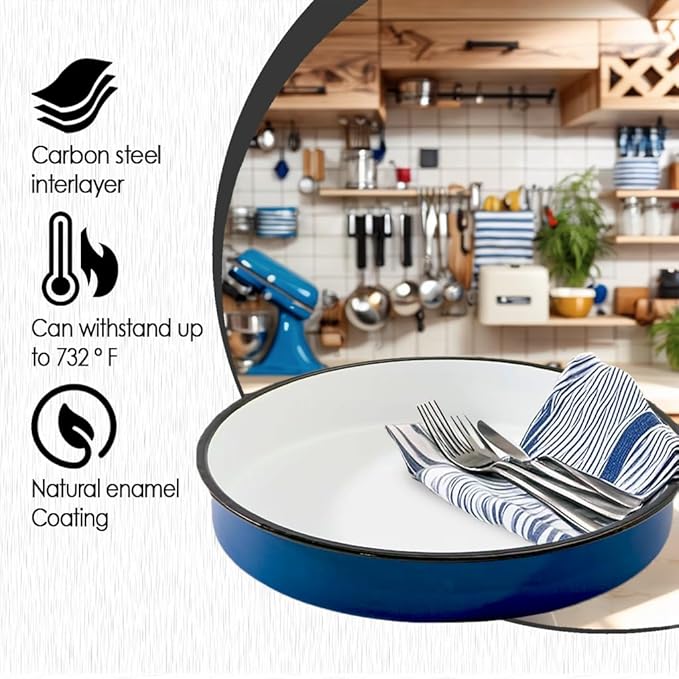 12 Inch Enamel Roasting Pan for Induction Cooktops - Heavy Duty Round Baking Pan for Thanksgiving Turkey Christmas Ham Lasagna & Pizza Dishwasher Safe Oven Broiler & Stovetop Pan