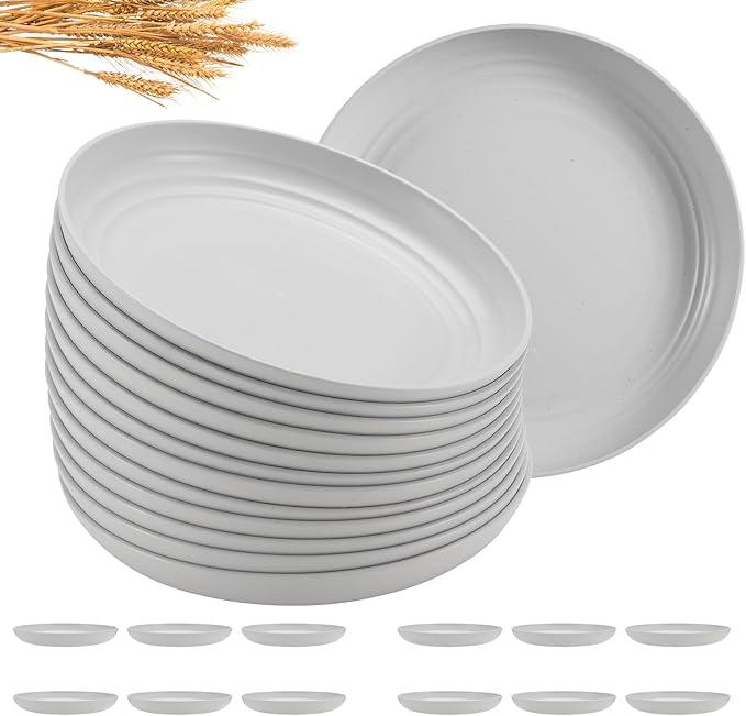 12 Pcs Unbreakable Deep Dessert Plates Set, 8 inch Reusable Plastic Wheat Straw Plates, Microwave and Dishwasher Safe Plate for Kitchen, Lightweight Plate for Dessert, BPA Free, White Gray