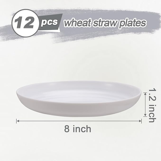 12 Pcs Unbreakable Deep Dessert Plates Set, 8 inch Reusable Plastic Wheat Straw Plates, Microwave and Dishwasher Safe Plate for Kitchen, Lightweight Plate for Dessert, BPA Free, White