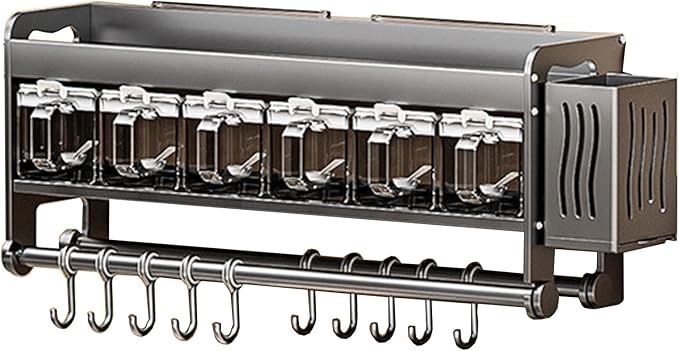 Hanging Wall Mount knife Wall Mount,Condiment Cup, Space-Saving Knife Rack with Hooks, Kitchen Organizer Storage Shelf for Utensils Spatula Spoon, Kitchen Utensil Hanger (Grey, 48cm+6Cups+10Hooks)