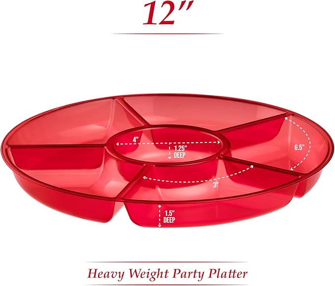Plasticpro 6 Sectional Round Plastic Serving Tray/Platter (2, Red)