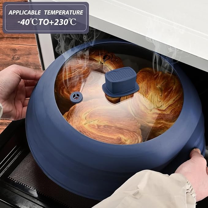 Microwave Splatter Cover Glass Cover Guard Lid with Collapsible Silicone for Food Pot Plate Cover 10.8 inch Dark Blue