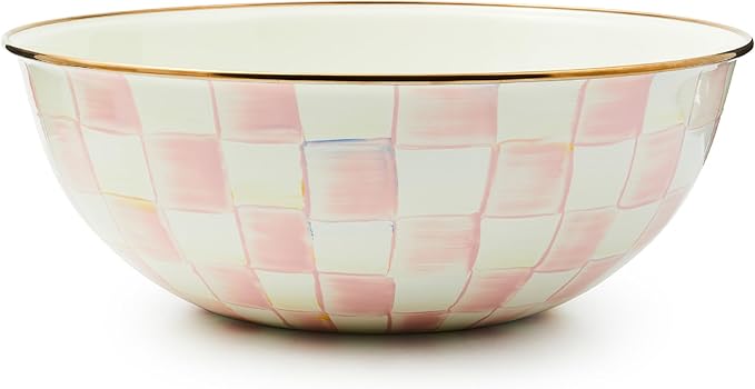 MACKENZIE-CHILDS Enamel Everyday Bowl, Serving Bowl for Entertaining, Extra-Large, Pink-and-White Rosy Check, Set of 1