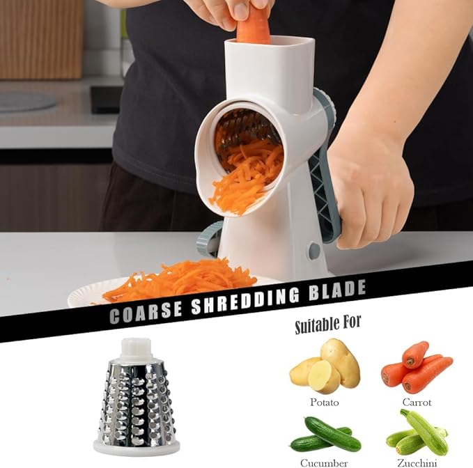 Cheese Grater Hand Crank Rotating Cheese Shredder Stainless Steel Vegetable Slicer Grater for Kitchen 3 Blades for Cheese, Carrot, Cucumber, Nuts, Chocolate, White