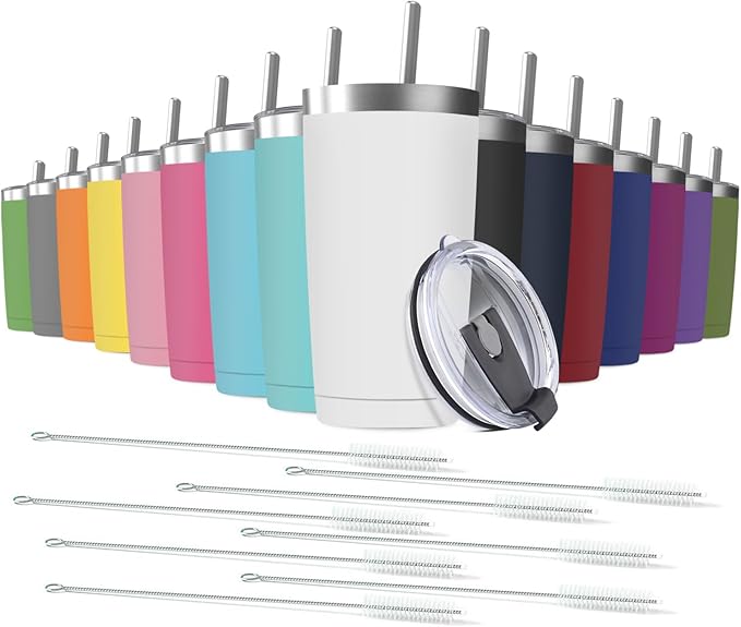 16 pack 20 oz Stainless Steel Insulated Tumbler with Straw and Lid, Double Wall Travel Coffee Mug Vacuum Insulated Bulk Tumbler, Suitable for Vehicle Cup Holders （Assorted Colors）