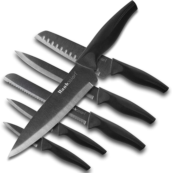 Wanbasion Black Professional Kitchen Knife Chef Set, Stainless Steel, Dishwasher Safe with Sheathes