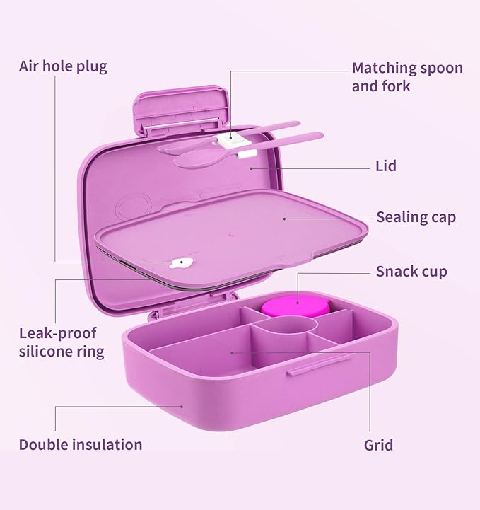 Bento Lunch Box with Kids/Adults, 5 Compartments Leakproof Lunch Container with Dressing Cup, Eco-Friendly Double Insulated Boxes, Dishwasher and Microwave Safe, BPA-Free (purple)