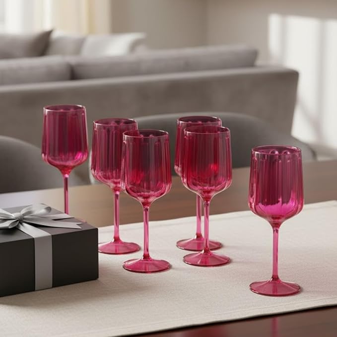 Khen Acrylic Lucia Stemmed Goblets - Unbreakable Wine Glasses Reusable Drinking Cups Dishwasher Safe Elegant Stemware for Cocktail Champagne | Kitchen Bar Party | Set of 6 |14oz | Coral