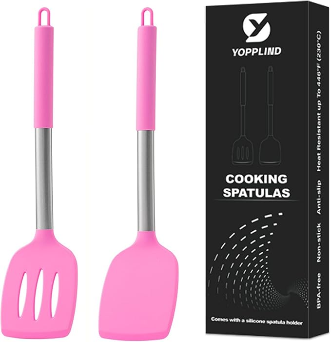 3Piece Silicone Spatula Set, Heat-Resistant, Non-Stick Kitchen Spatulas, BPA-Free, for Eggs, Pancakes, Fish, Woks, Includes Multifunctional shelf spoon pad (pink)
