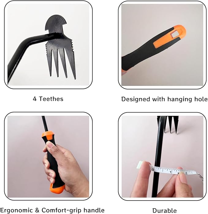 Hand Weeding Tool, Uprooting Weeder Tool Portable Garden Weed Remover with Handle, 4 Teeth Stainless Steel Weed Puller for Garden Backyard Farm Planting & Weeding (Rubber Handle)