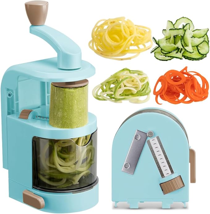 Vegetable Spiralizer 4-IN-1 Rotating Blade Veggie Spiralizer Zucchini Noodle Maker with Strong Suction Cup Spiral Vegetable Cutter Slicer - Blue