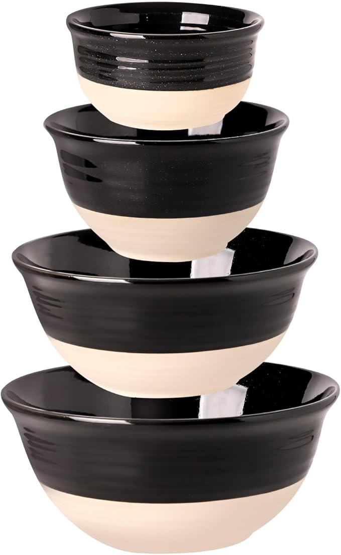 HASENSE Large Ceramic Mixing Bowls, 2.1/1.5/1.0/0.5 Qt Serving Bowls for Kitchen, Nesting Salad Bowls Set for Mixing, Cooking, Baking, Fruit, Side Dishes, Holiday Serving Dishes, Set of 4, Black