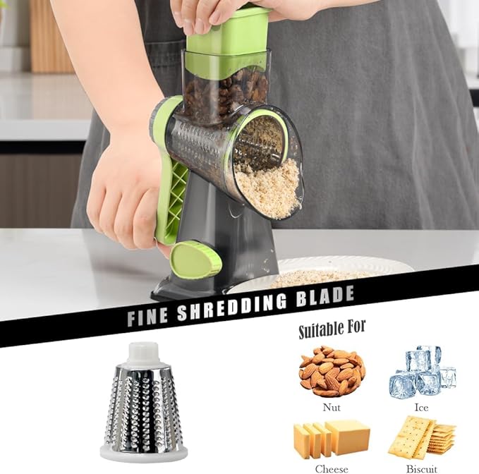 Cheese Grater Hand Crank Rotating Cheese Shredder Stainless Steel Vegetable Slicer Grater for Kitchen 3 Blades for Cheese, Carrot, Cucumber, Nuts, Chocolate, Green