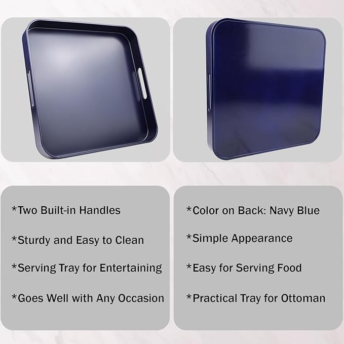Square Navy Blue Decorative Serving Tray with Handles, Versatile Ottoman Tray for Coffee Table, Entertaining, Outdoor Patio, Living Room, 13”*13”*1.6”