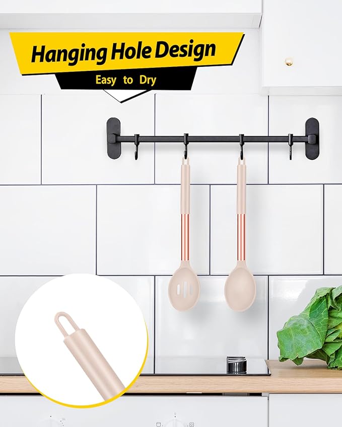 Pack of 2 Large Silicone Cooking Spoons,Non Stick Solid Basting Spoon,Heat-Resistant Kitchen Utensils for Mixing,Serving,Draining,Stirring (ROSE GOLD KHAKI)