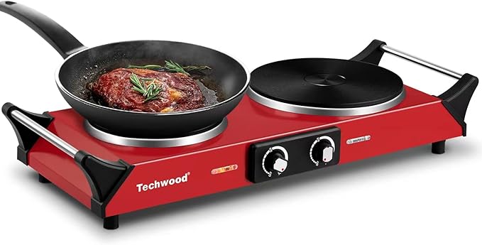 Hot Plate, Techwood 1800W Portable Electric Stove for Cooking Countertop Dual Burner with Adjustable Temperature & Stay Cool Handles, 7.5” Cooktop for Home/RV/Camp, Compatible for All Cookware, Red