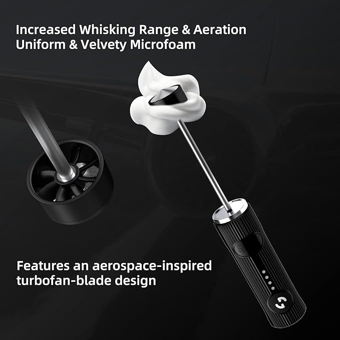 Bincoo Performance Milk Foamer - Dual Speed, Waterproof, Stainless Steel, Ultra Fast Handheld Drink Mixer - Create Barista Microfoam in 40 Seconds for Latte, Cappuccino & Coffee at Home (Black)