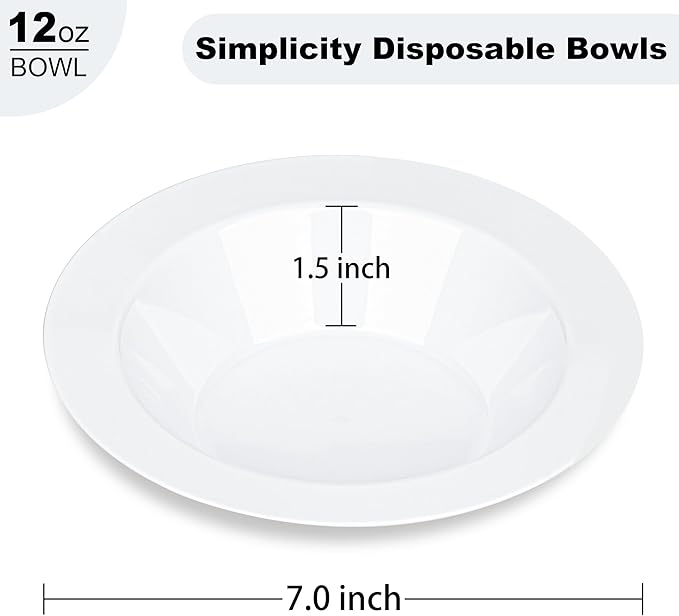 BESTVIP 100 Pack White Plastic Bowls, 12 oz Disposable Soup Bowls, Heavy-duty Dessert Salad Bowl for Christmas, Thanksgiving, Party, Wedding, Dinner, Catering