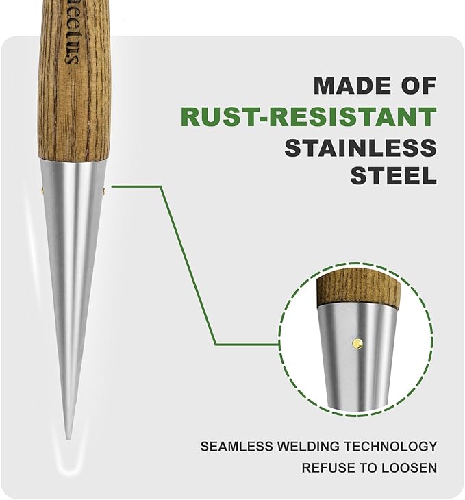 Haliaeetus Dibber Garden Tool, Stamped Stainless Steel Tip Seed Dibber, Smooth Splinter-Free T-Shape Wood Handle Dibbler with Comfortable Grip, 11'' Dibber for Planting Seed and Transplanting Seedling