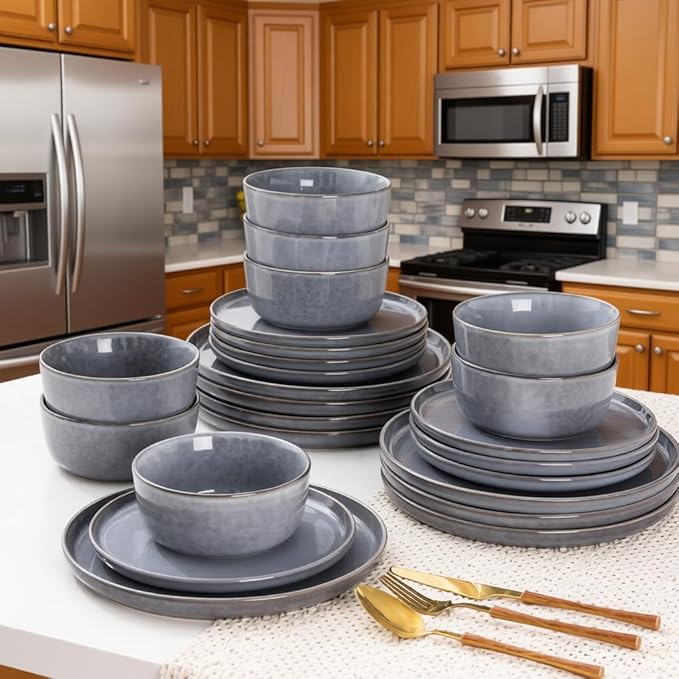AmorArc Stoneware Dinnerware Sets,Round Reactive Glaze Ceramic Plates and Bowls Sets,Highly Scratch Resistant | Microwave & Dishwasher Safe,Service for 8 Dishes Set (24pc)