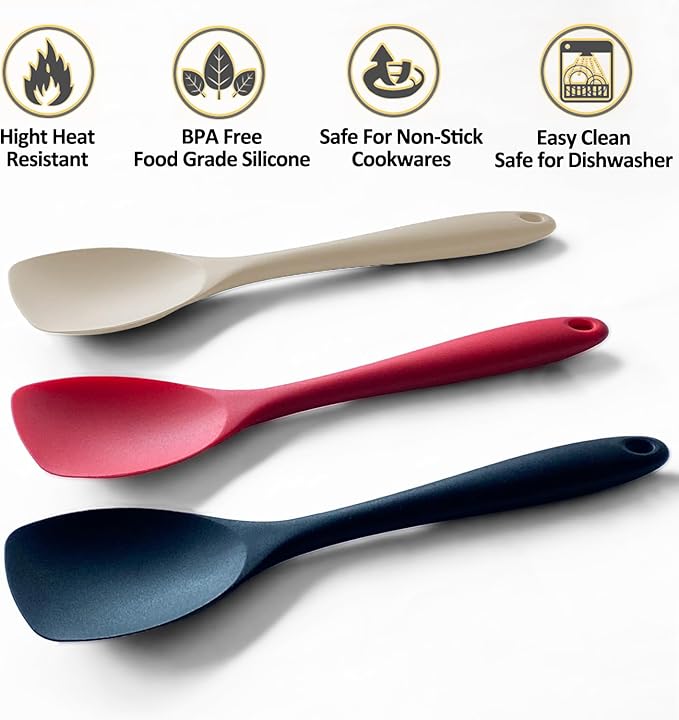 Upgrade Silicone Spatula Spoon Set,VOVOLY Heat Resistant Rubber Spoonula, Seamless Non-Stick Flexible Scrapers for Baking Mixing Tool,3 Pack, Kahki