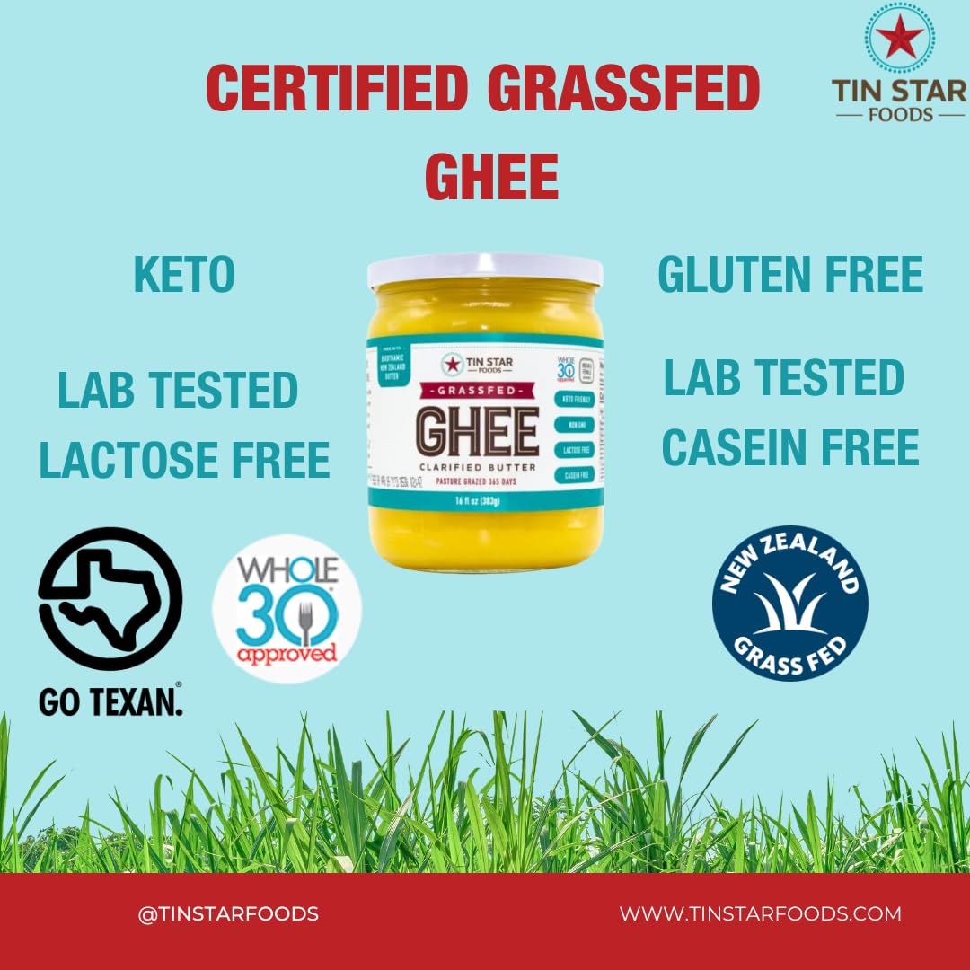 Tin Star Foods - 16 oz Certified Grassfed Traditional Desi Ghee GLASS JAR. Made in kettles and hand filtered in Dallas Texas. Indian owned brand