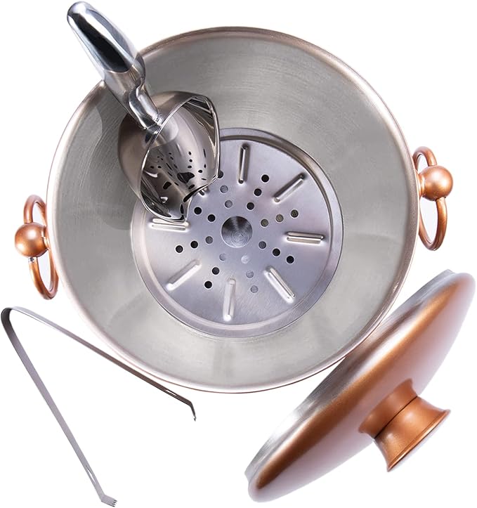 Ice Bucket with Lid, Scoop, Tongs and Strainer - Well Made Insulated Stainless Steel Keep Ice Frozen Longer - Ideal for Cocktail Bar, Parties, Chilling Wine, Champagne - 3 Liter (Copper)