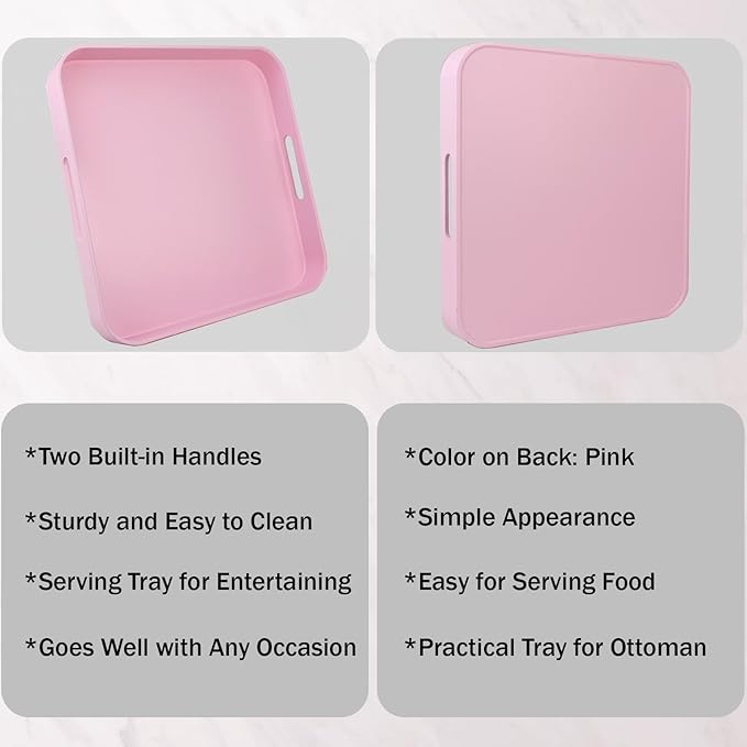 Square Pink Decorative Serving Tray with Handles, Versatile Ottoman Tray for Coffee Table, Entertaining, Outdoor Patio, Living Room, 13”*13”*1.6”