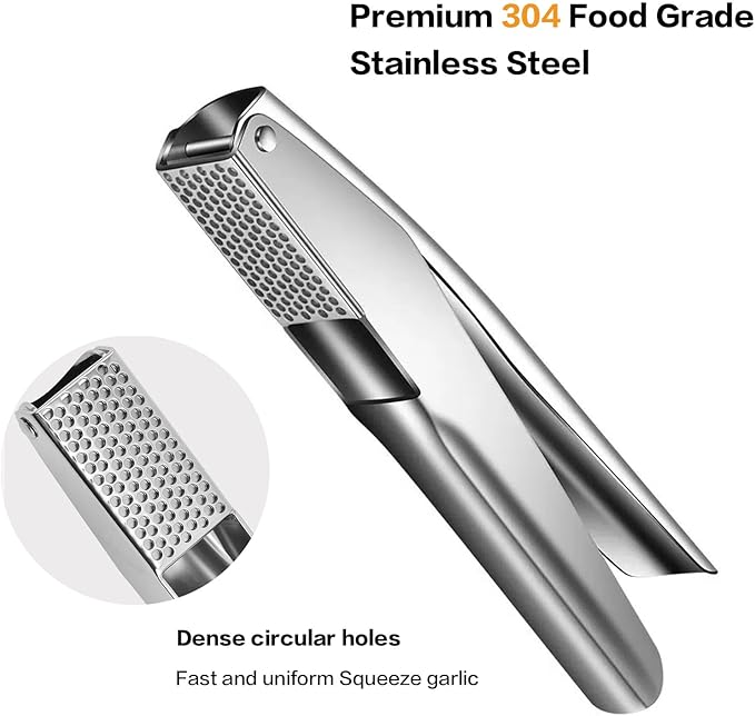 Garlic Press Stainless Steel, Easy Cleaning Kitchen Garlic Mincer & Crusher with Garlic Peeler Tube and Scraper, Heavy Duty Metal Ginger Press, Easy Squeeze, Dishwasher Safe
