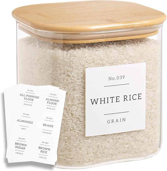 HHMJSM Large Glass Flour and Sugar Containers with 42 Kitchen Pantry Labels - 85 Oz Glass Food Storage Containers with Airtight Lids - Square Glass Jars with Bamboo Lids for Rice, Pasta, Cookies