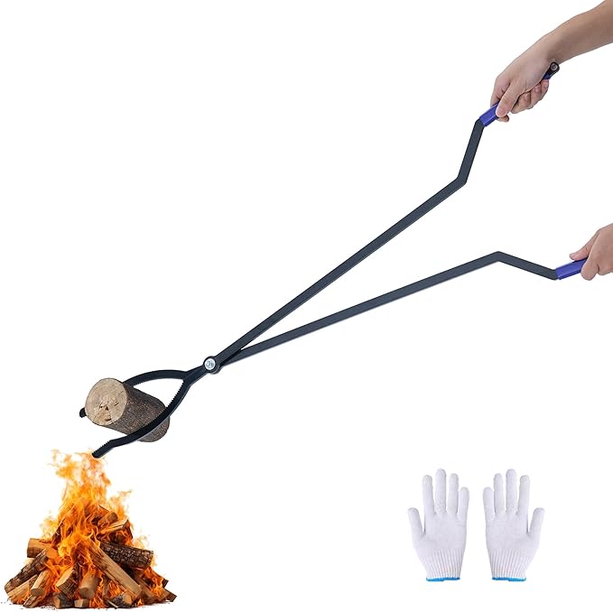 40” Heavy Duty Fire Tongs Firewood Grabber with Scissor Shape Serrated, Large Fire Pit Tool Outdoor/Indoor Bonfire Campfire Fireplace Tongs, A Pair of Gloves