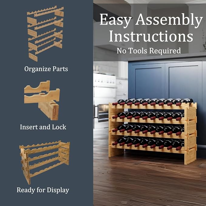 36 Bottle Bamboo Stackable Freestanding Wine Rack, No Tools Assembly, Durable, Wine and Liquor Bottle Storage for Small Spaces