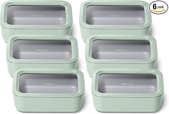 Caraway 6pc Glass Food Storage Set – 6.6 Cup Food Containers (6) - Ceramic Coated - Non Toxic, Non Stick with Lids - Microwave Safe - Mist