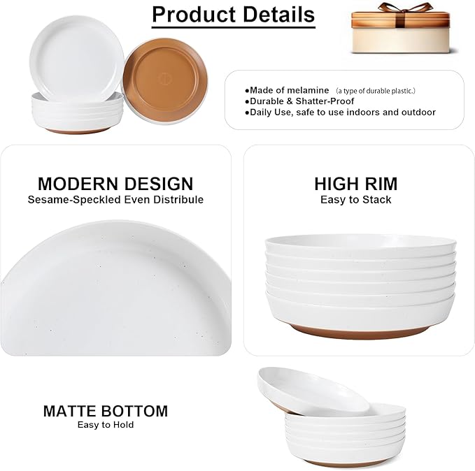 Webbylee 8.25" Melamine Deep Plates Set of 6-28oz Melamine Large Salad Bows，Serving Bowls for Cereal, Fruit, Soup，Deep Enough for Kitchen and Dining White/Brown