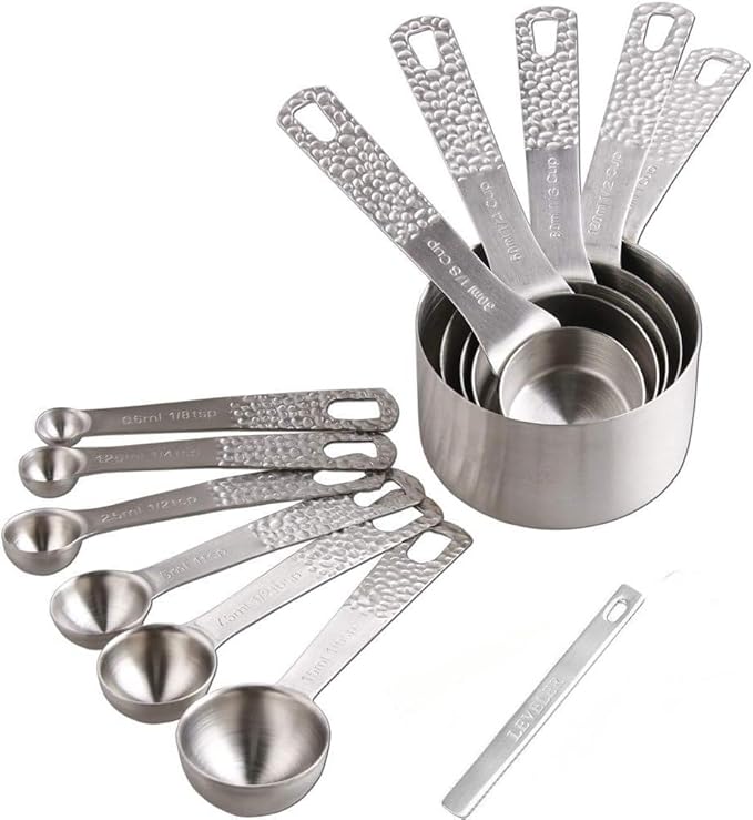 Measuring Cups and Spoons Set 12, Metric & US 18/8 Stainless Steel 5 Measuring Cups &6 Spoons &1 Leveler for Kitchen and Baking