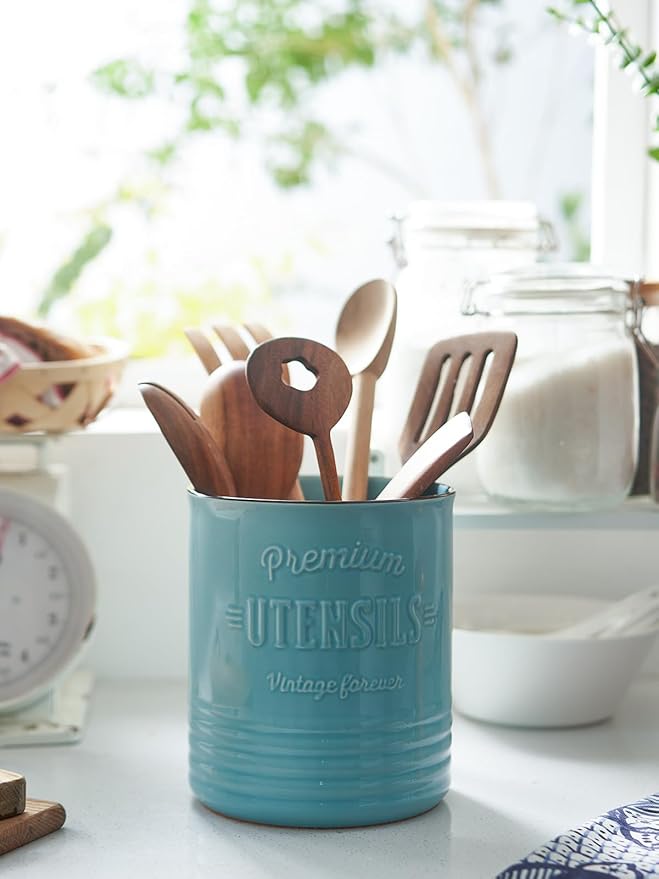 DOWAN 7.2″ Extra Large Kitchen Utensil Holder - Farmhouse Utensil Holder for Countertop - Ceramic Utensil Crock with Protection Cork Mat - Kitchen Decor & Housewarming Gift (Turquoise)