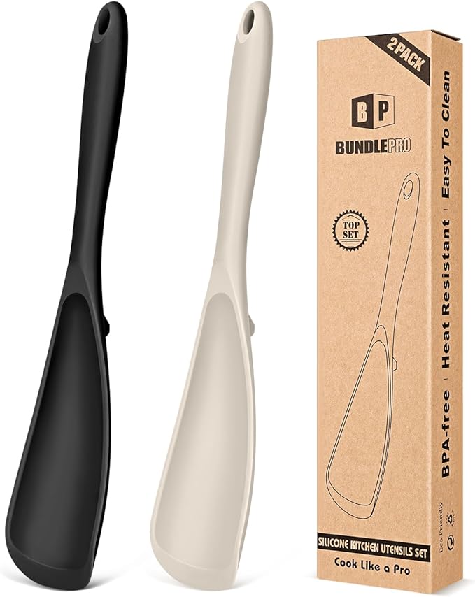 Pack of 2 Cooking Spoons for Non Stick Cookware, Multifunction Spatula Spoon BPA-Free, One-Piece Design, Suitable for Scooping, Scraping, Serving and Mixing(BLACK-KHAKI)