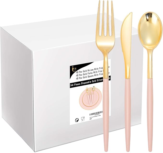 I00000 144Pcs Pink Plastic Silverware, Gold Disposable Flatware with Pink Handle, Gold Plastic Cutlery Set Includes: 48 Forks, 48 Knives and 48 Spoons Perfect for Party & Wedding
