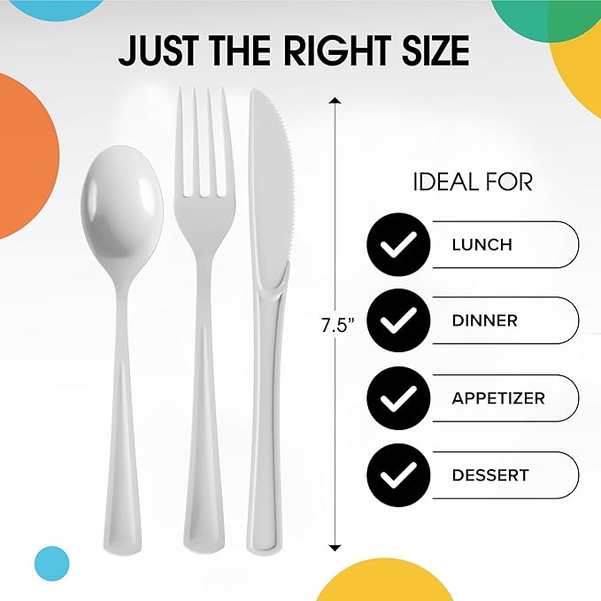 Party Solids White Plastic Silverware Heavy Duty 150 Pieces White Plastic Cutlery Sets, Utensil Sets, 50 Of Each Forks, Knives & Spoons Disposable Cutlery Set, Flatware Set For Party Supplies