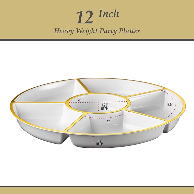 Plasticpro 6 Sectional Round Plastic Serving Tray/Platter (4, White & Gold)