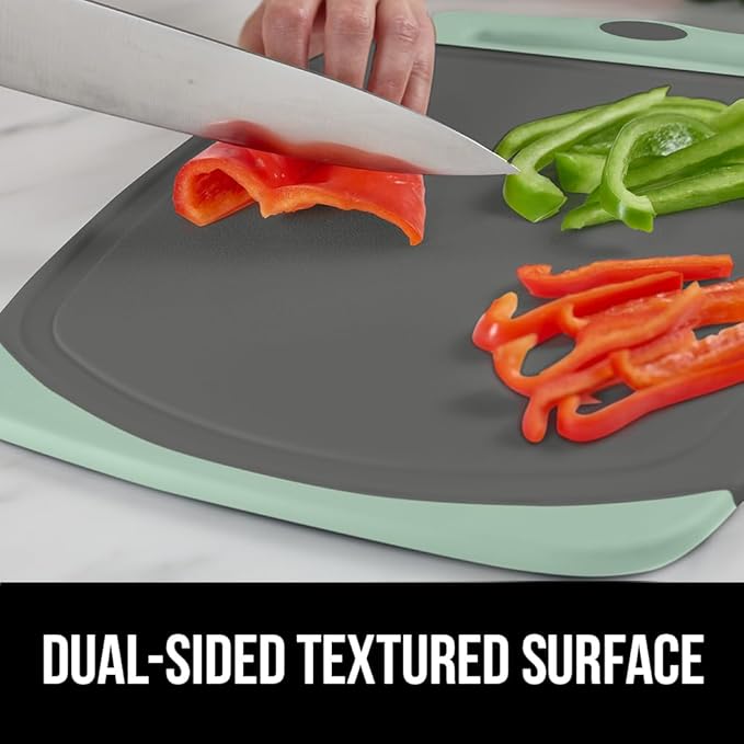 GORILLA GRIP BPA-Free Reversible Kitchen Cutting Board Set of 3, US Designed, Nonporous, Juice Grooves Catch Liquid, Slip Resistant Border, Dishwasher Safe, Durable Food Chopping Boards, Mint Gray